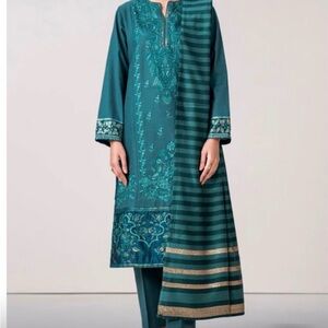 Limelight Teal Embroidered Kurta Set with Striped Dupatta